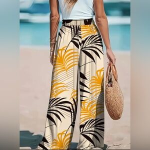 Women’s Tropical Palm Leaf Wide-Leg Pants – Size L